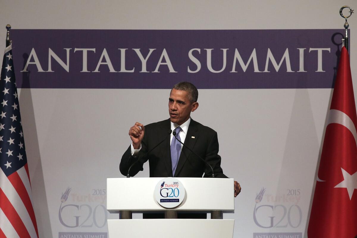 President Obama speaks to the media during his closing press conference on day two of the G20 Turkey Leaders Summit on Nov. 16 in Antalya, Turkey.