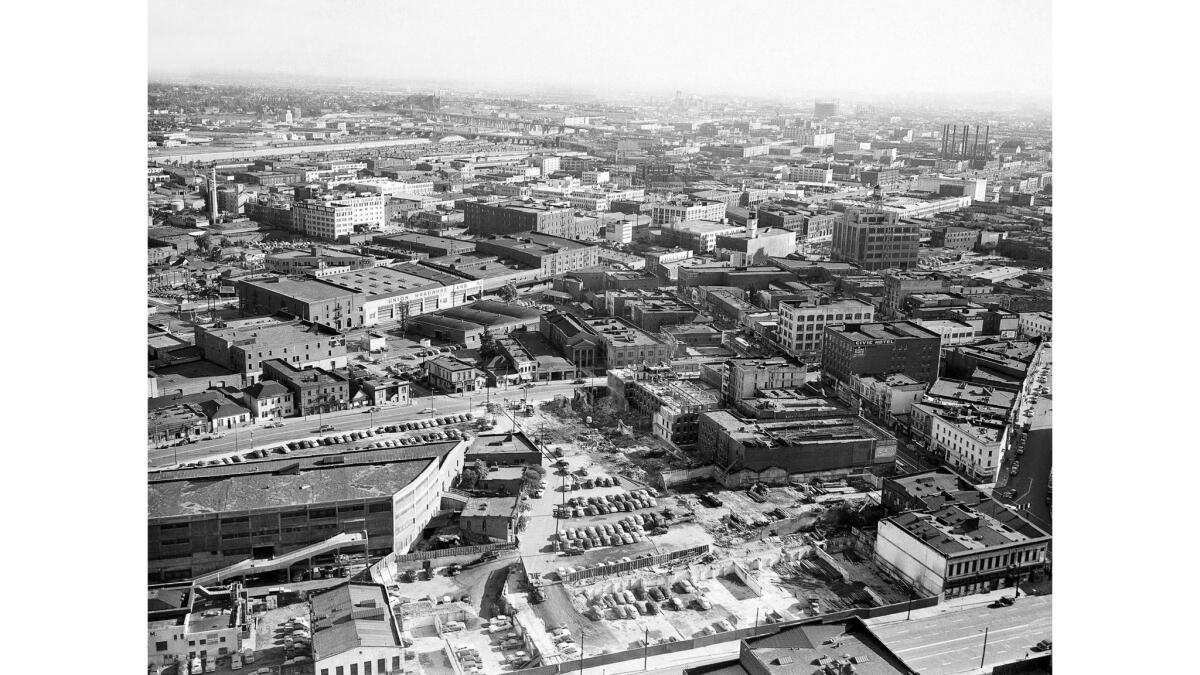 Jan. 12, 1951: Part of the Los Angeles industrial district as seen from the top of City Hall looking toward the southeast. Bridges span the Los Angeles river in the background.