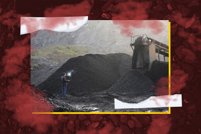 A border of red fog frames a photo of a worker standing next to machinery moving coal.