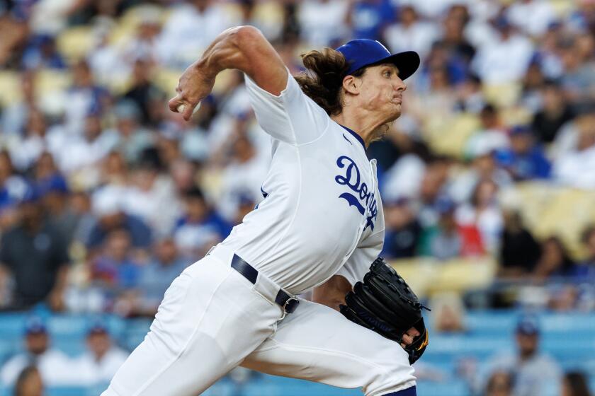 Dodgers pitcher Tyler Glasnow throws the ball from the mound against the San Francisco Giants