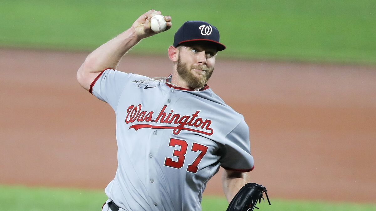 Nationals starter Stephen Strasburg delivers a pitch against the Orioles during a game Aug. 14, 2020, in Baltimore.