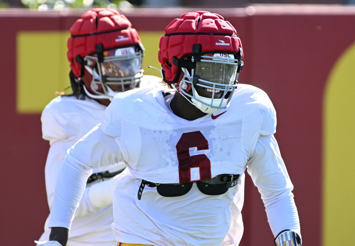 USC lineman Anthony Lucas at Trojans spring practice.