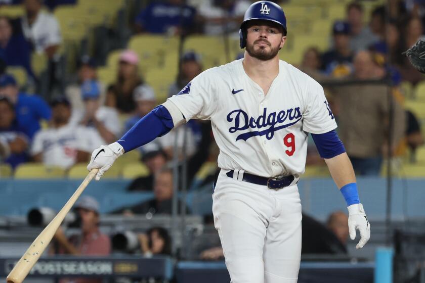 LOS ANGELES, CALIFORNIA - OCTOBER 06: Gavin Lux #9 of the Los Angeles Dodgers reacts after striking out to end two of the National League Division Series against the San Diego Padres at Dodger Stadium on Sunday, Oct. 6, 2024 in Los Angeles. (Robert Gauthier / Los Angeles Times)