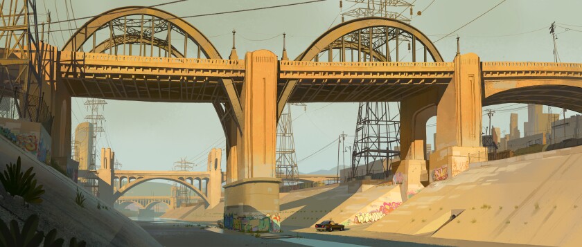 A car driving under a bridge.