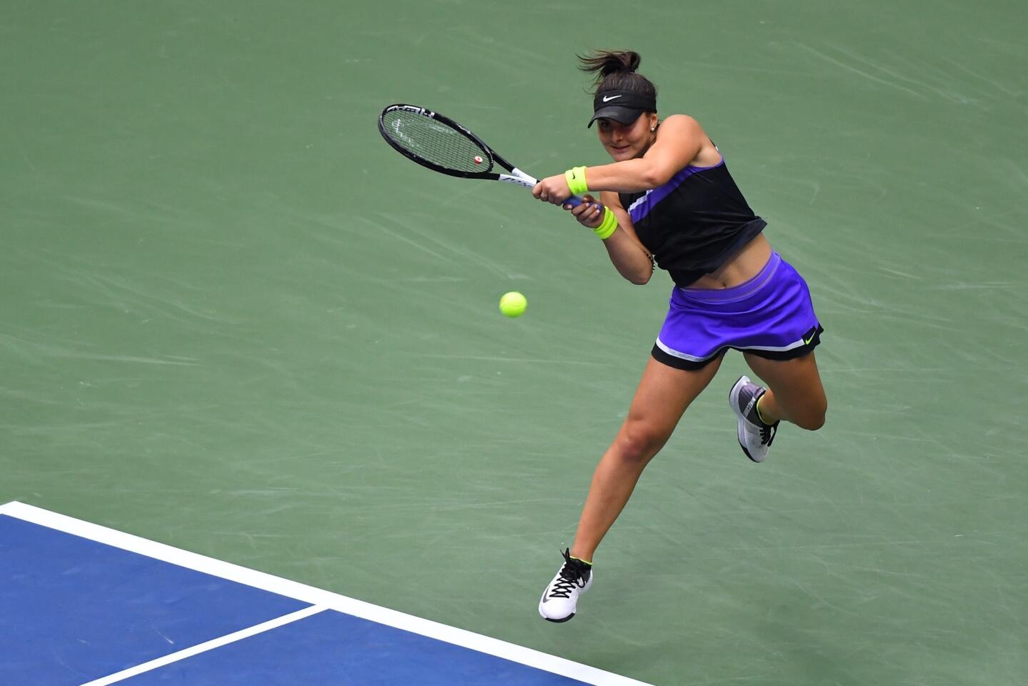 Bianca Andreescu returns a shot during her Women's Singles final match against Serena Williams inside the Billie Jean King National Tennis Center on Sept. 7, 2019, in Queens.