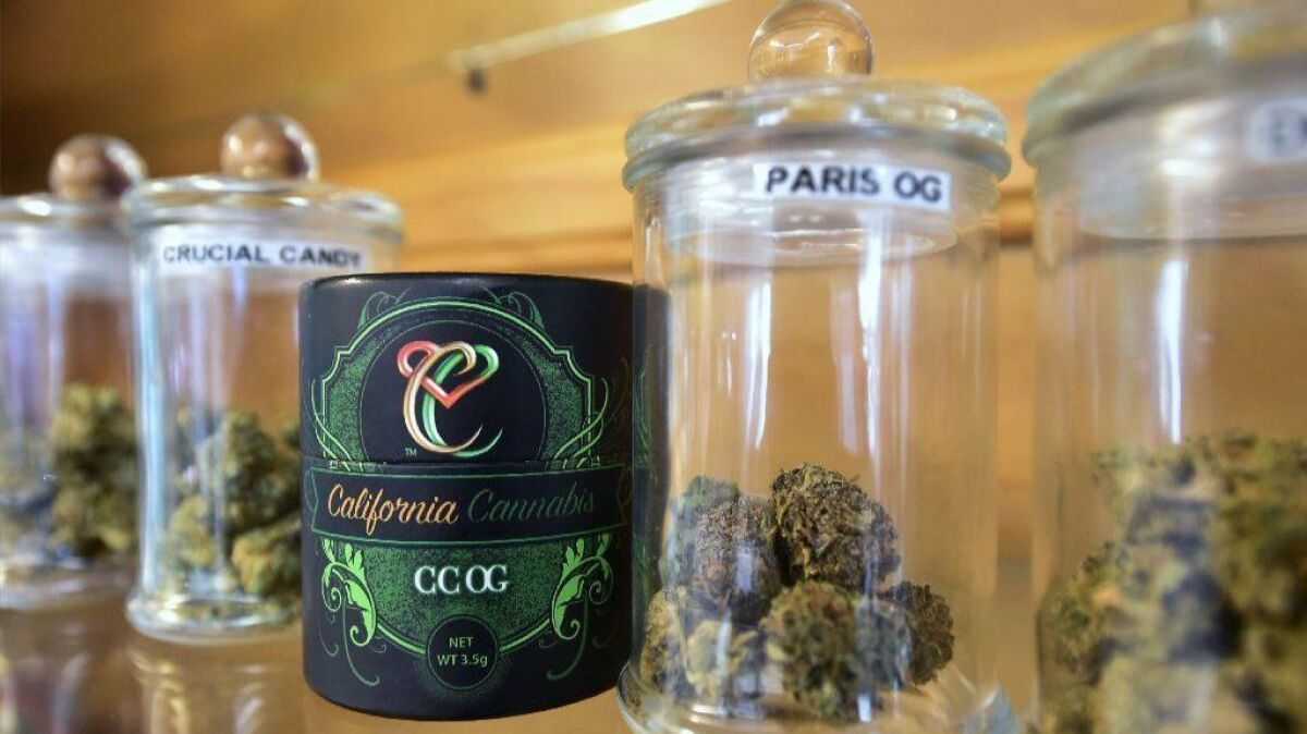 Marijuana on display at a dispensary in Los Angeles. The sale of recreational marijuana became legal in January.