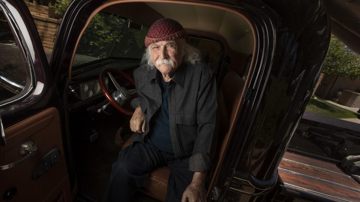 Musician David Crosby sits in his 1940 Ford truck at his home in Santa Ynez, Calif.