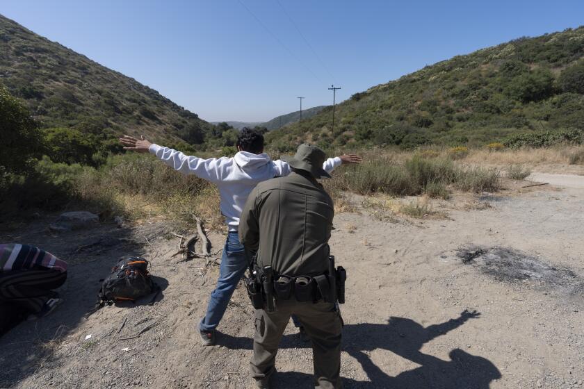 Un agente de la Patrulla Fronteriza revisa a un migrante antes de que lo transporten y procesen, el 5 de junio de 2024, cerca de Dulzura, California. (Foto AP/Gregory Bull, Archivo)