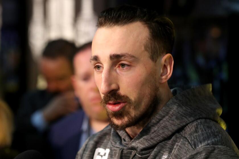 BOSTON, MASSACHUSETTS - MAY 26: Brad Marchand #63 of the Boston Bruins speaks during Media Day ahead of the 2019 NHL Stanley Cup Final at TD Garden on May 26, 2019 in Boston, Massachusetts. (Photo by Bruce Bennett/Getty Images) ** OUTS - ELSENT, FPG, CM - OUTS * NM, PH, VA if sourced by CT, LA or MoD **