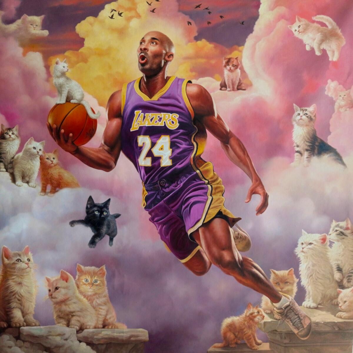 Artwork showing Kobe Bryant entering a kingdom of kittens.