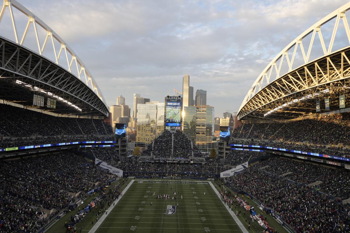 Lumen Field in Seattle during a game between the Seattle Seahawks and the Arizona Cardinals in November.