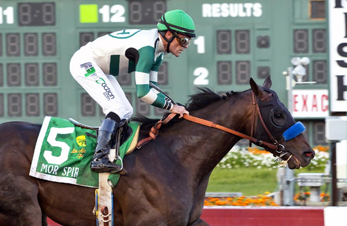 Mor Spirit, with jockey Gary Stevens, wins the Grade I, $350,000 Los Alamitos Futurity horse race on Dec. 19.