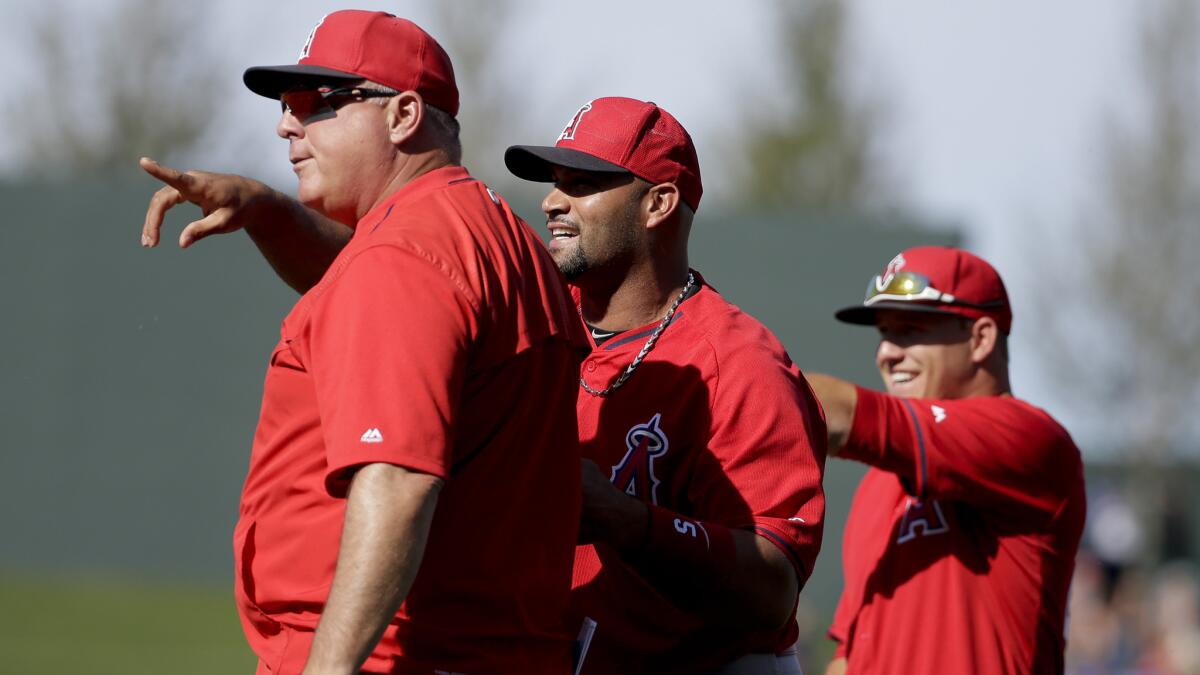 Angels Manager Mike Scioscia, left, shares a light moment with first baseman Albert Pujols, center, and Mike Trout during batting practice before an exhibition game against the Chicago Cubs on March 26.