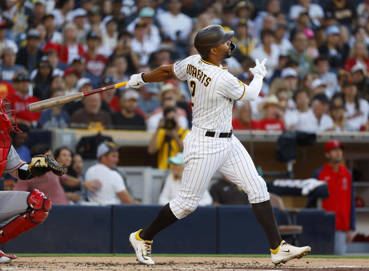 San Diego Padres' Xander Bogaerts batting during the eighth inning