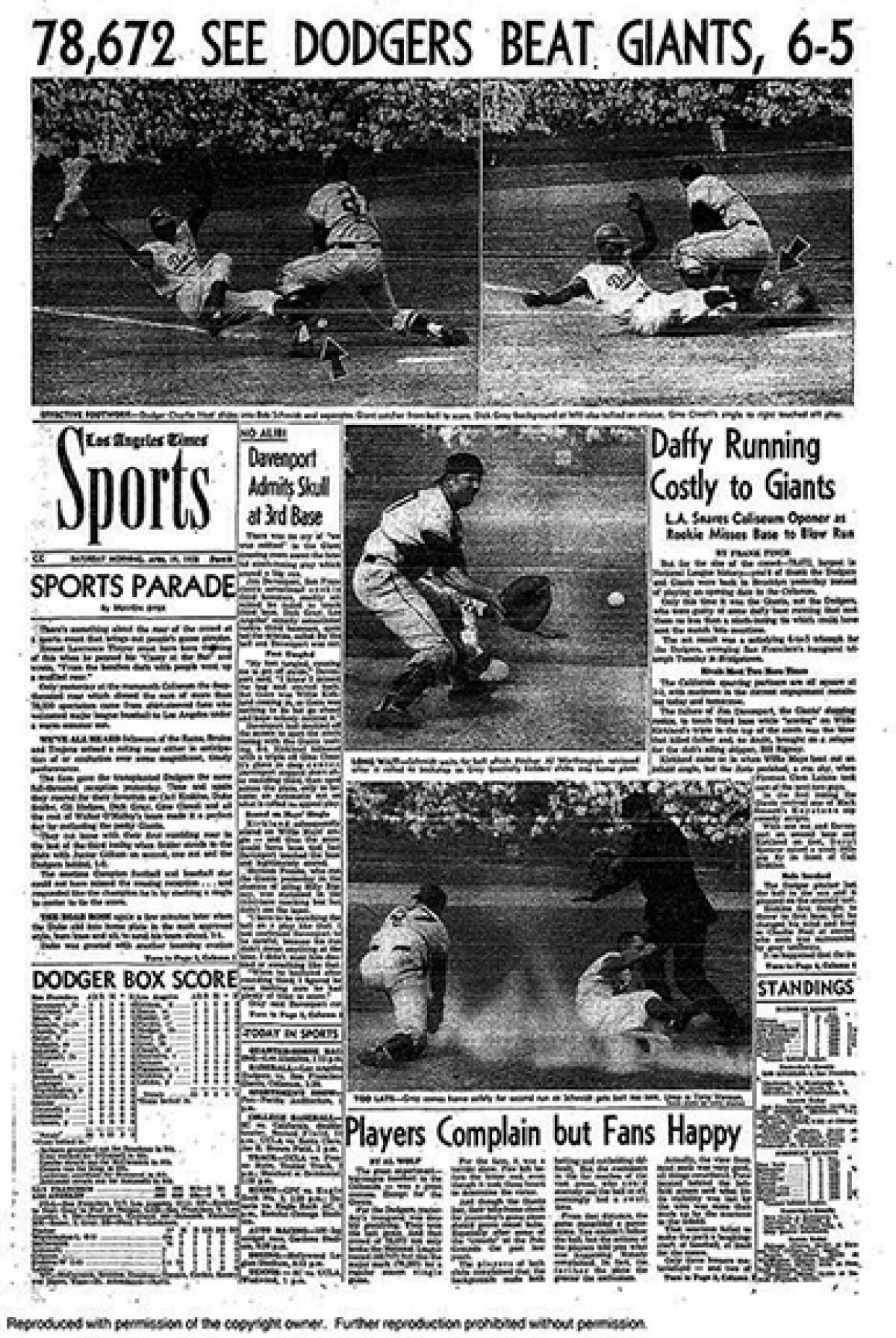 The Sports page of the Los Angeles Times on April 19, 1958.