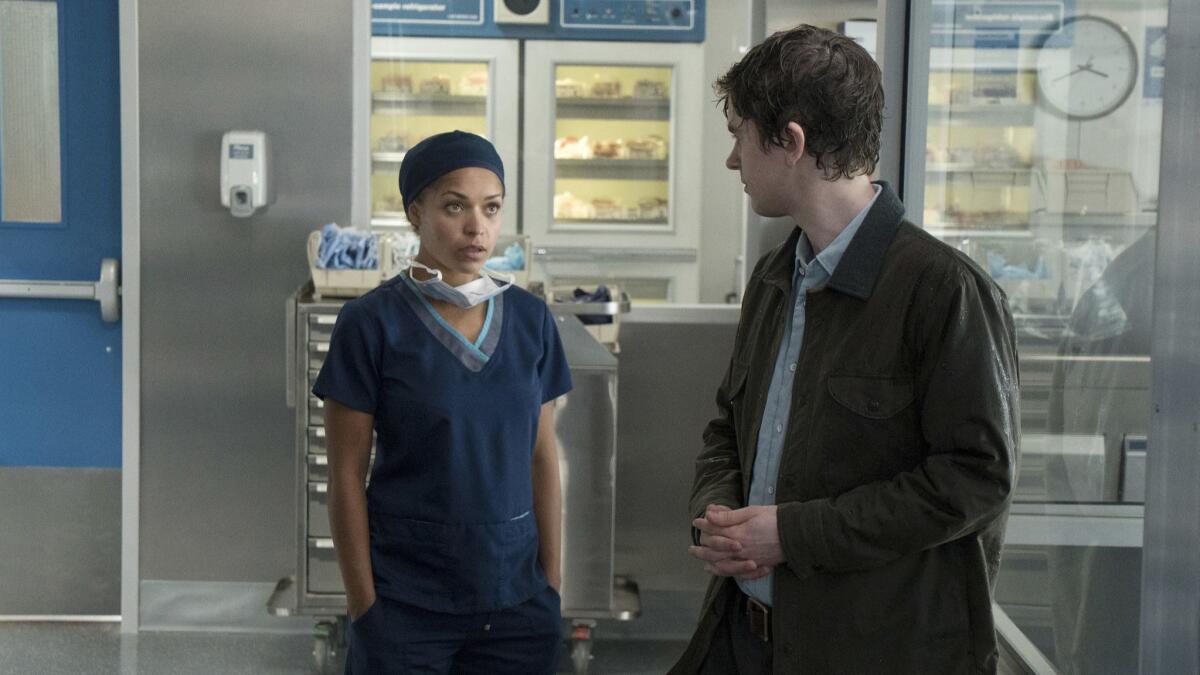 Antonia Thomas, left, and Freddie Highmore in a scene from "The Good Doctor."