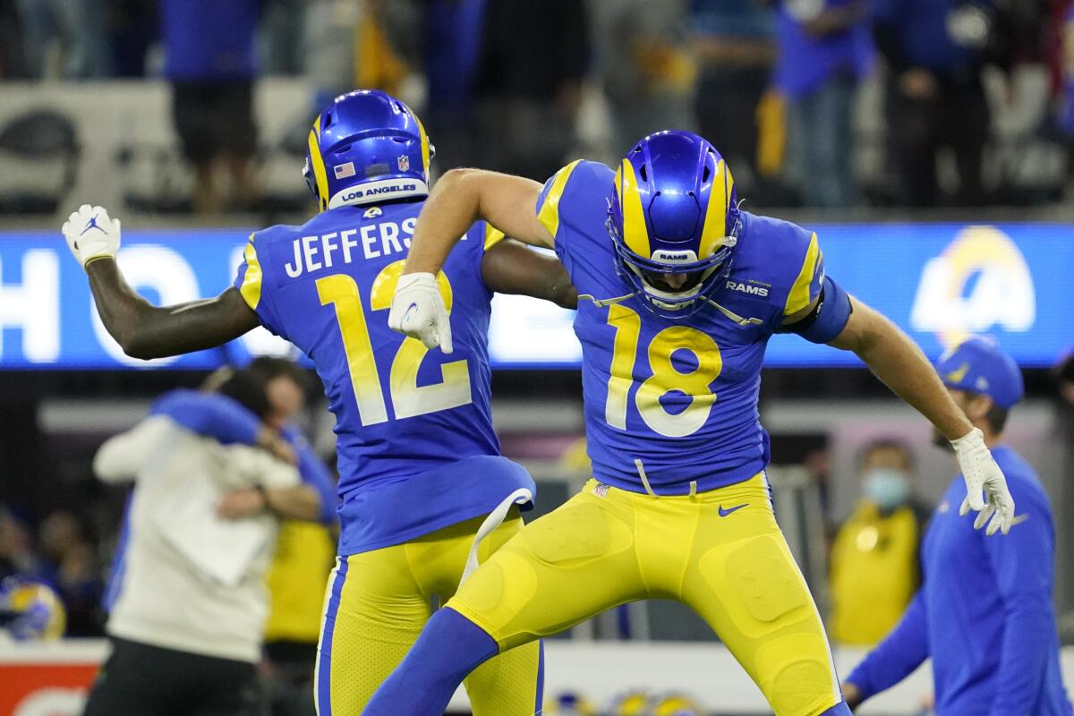  Rams receivers Van Jefferson, left, and Ben Skowronek celebrate.