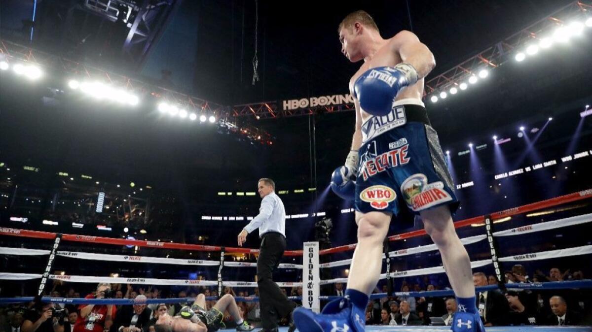 Canelo Alvarez looks toward Liam Smith, left, after knocking him down during the a fight at AT&T Stadium on Sept. 17.