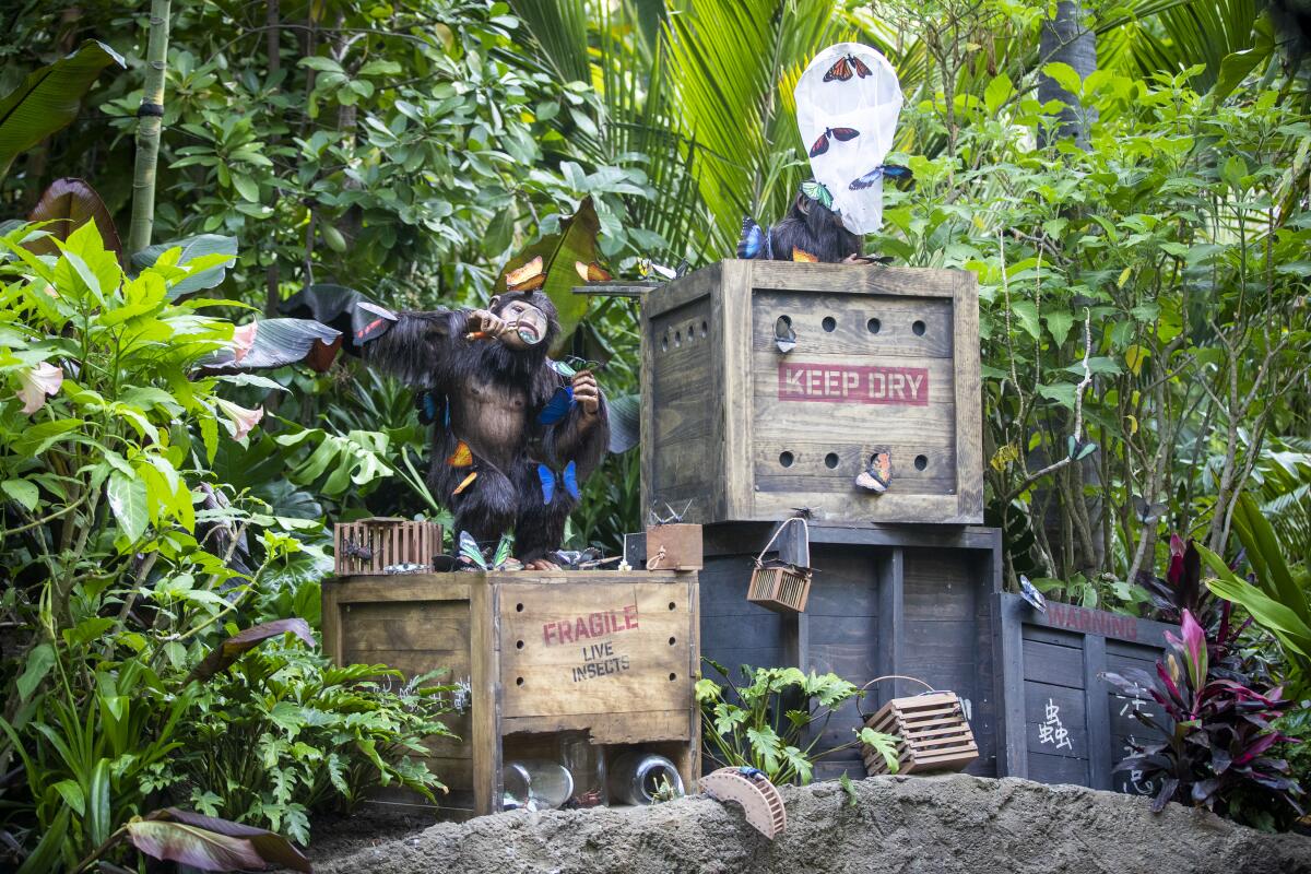 Apes climb on crates in another Jungle Cruise ride scene