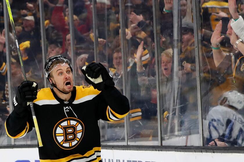 BOSTON, MASSACHUSETTS - APRIL 23: Sean Kuraly #52 of the Boston Bruins celebrates after scoring a goal against the Toronto Maple Leafs during the third period of Game Seven of the Eastern Conference First Round during the 2019 NHL Stanley Cup Playoffs at TD Garden on April 23, 2019 in Boston, Massachusetts. The Bruins defeat the Maple Leafs 5-1. (Photo by Maddie Meyer/Getty Images) ** OUTS - ELSENT, FPG, CM - OUTS * NM, PH, VA if sourced by CT, LA or MoD **