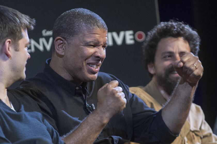 HOLLYWOOD, CA - January 30, 2019: Peter Ramsey, center, at the screening for "SPIDER-MAN: Into The Spider-Verse" it's LA Times Envelope Live screening at The Montalb?n in Hollywood. (Ana Venegas / For The Times)