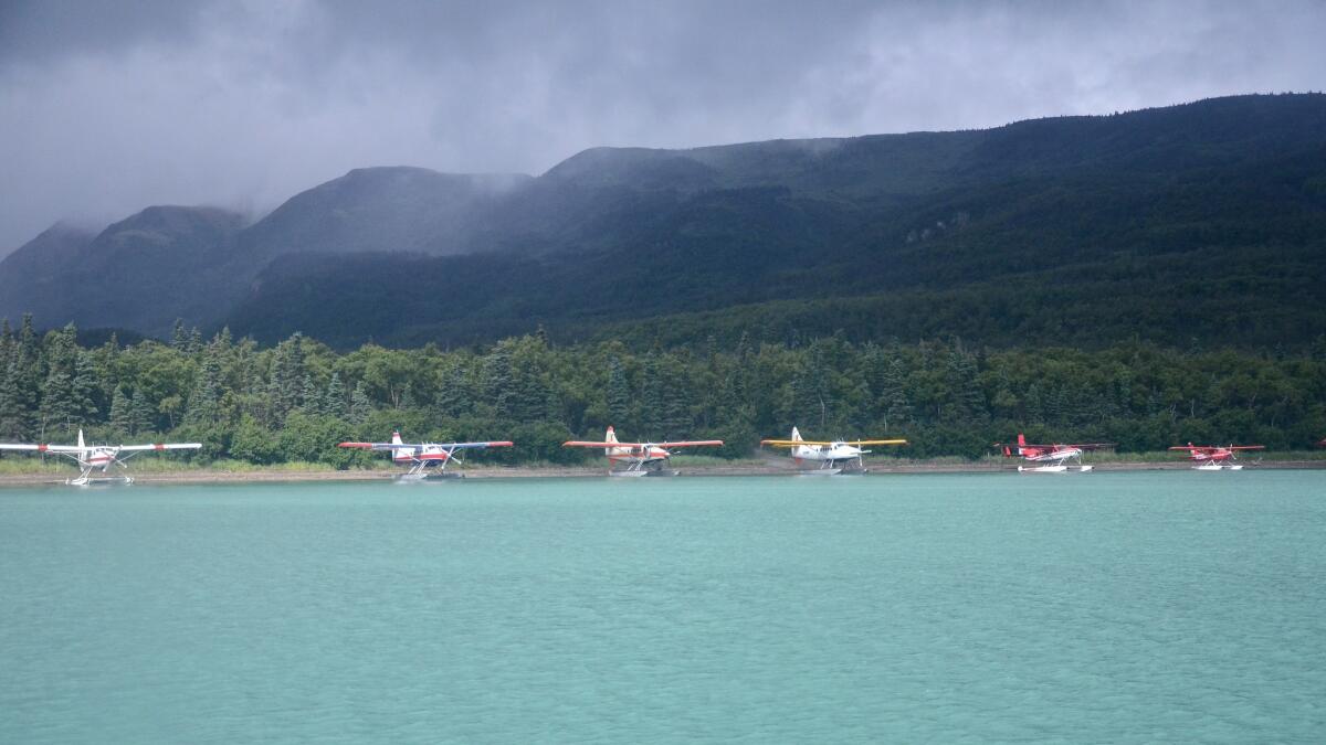 Float planes stand idle near Brooks Lodge in Alaska's Katmai National Park.