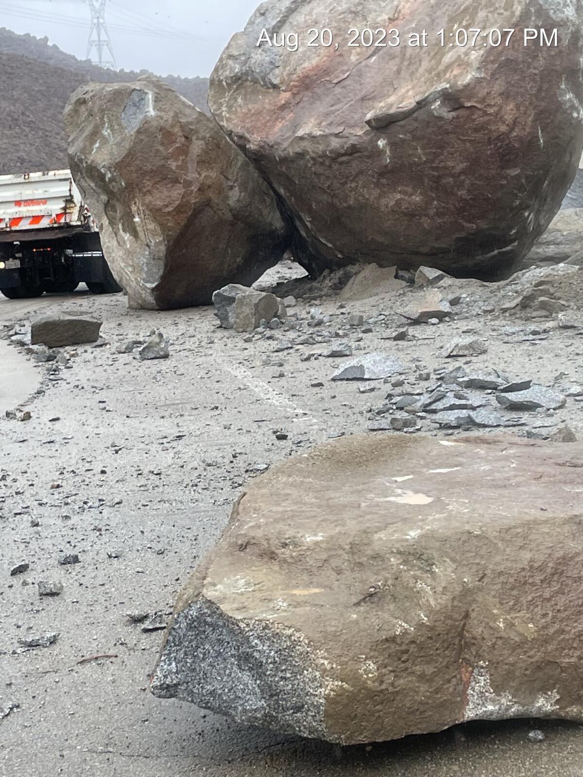 Caltrans crews respond to large boulders on Interstate 8 near In-Ko-Pah.