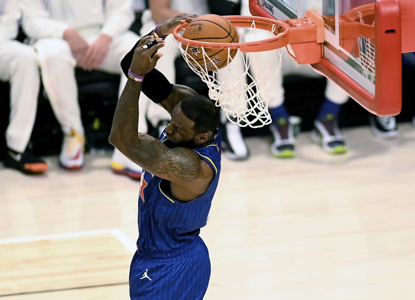 Lakers star LeBron James dunks the ball during the 69th NBA All-Star game at the United Center in Chicago on Feb. 16, 2020.