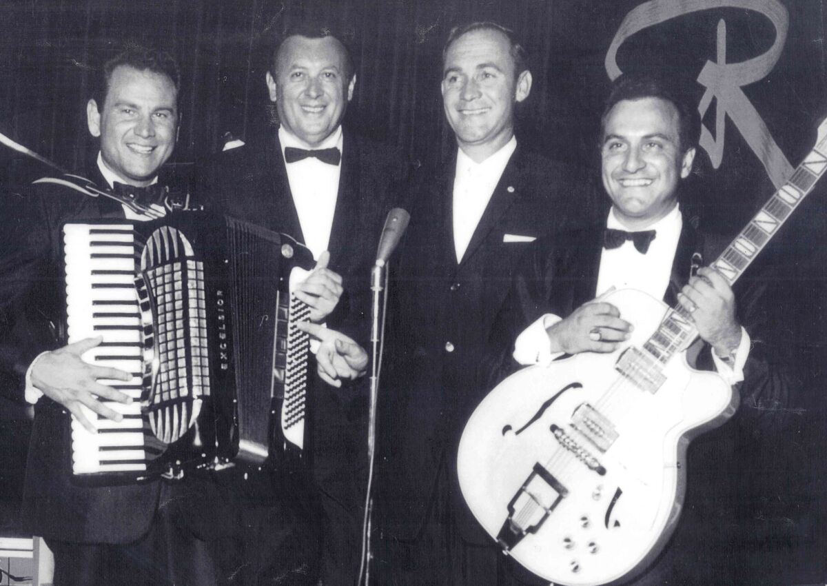 In the 1940s and '50s, Joe Vento, left, holding an accordion, performed with a group called "The Three Suns." They had a hit with "Twilight Time" in 1944.