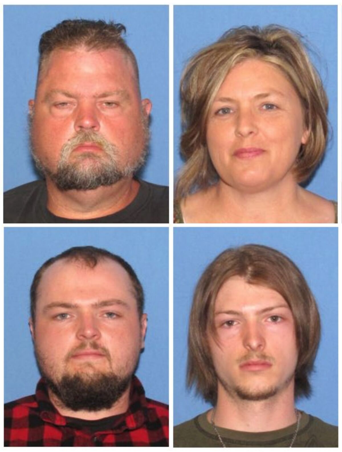 FILE - These undated file images released by the Ohio Attorney General's office, show, top row from left, George "Billy" Wagner III and Angela Wagner, and bottom row from left, George Wagner IV and Edward "Jake" Wagner. The four members of the Wagner family were charged in the 2016 slayings of eight members of the Rhoden family in rural Ohio. Tony Rhoden Sr., a man who lost several relatives in the mass slaying, has filed a wrongful death lawsuit against the four suspects in the killings. (Ohio Attorney General's office via AP, File)