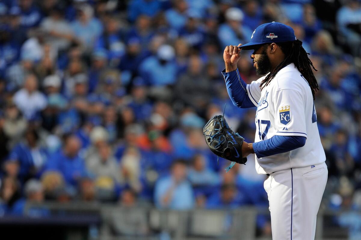 Kansas City Royals pitcher Johnny Cueto warms up in the sixth inning against the Houston Astros during Game 2 of the American League division series.