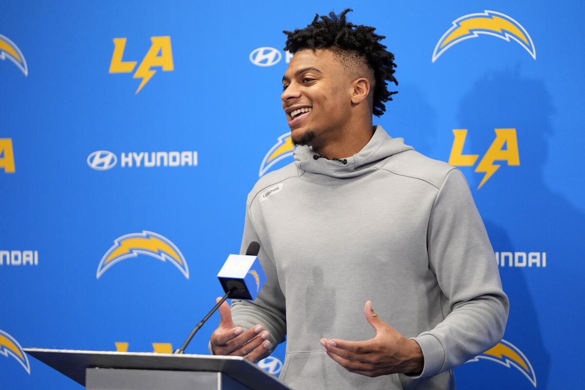 Chargers wide receiver Brenden Rice speaks to reporters during a news conference in Costa Mesa.