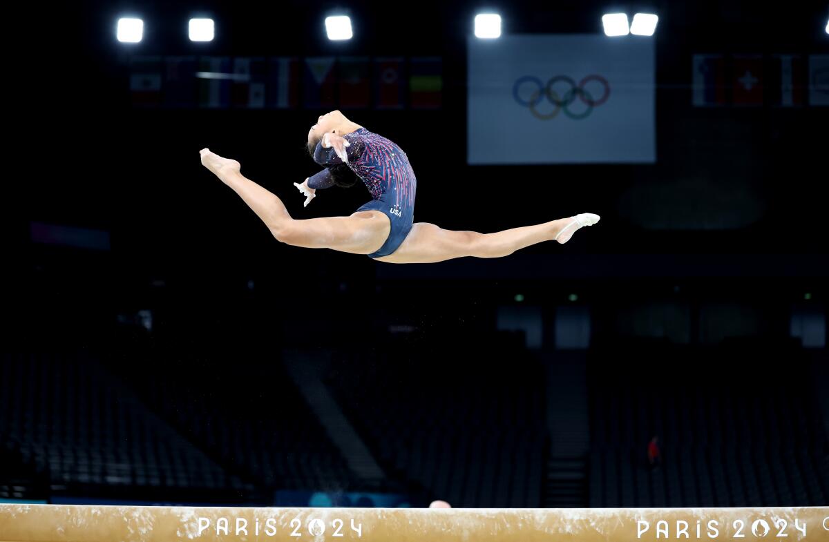 U.S. gymnast Jade Carey performs on the beam during podium training ahead of the 2024 Olympics 