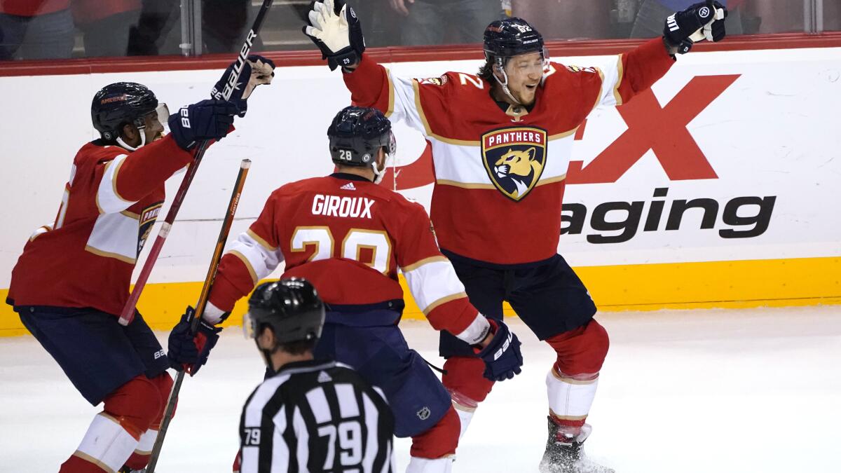 Florida Panthers center Aleksander Barkov (16) looks up after scoring a  goal during the third period of an NHL hockey game against the San Jose  Sharks, Saturday, Jan. 29, 2022, in Sunrise