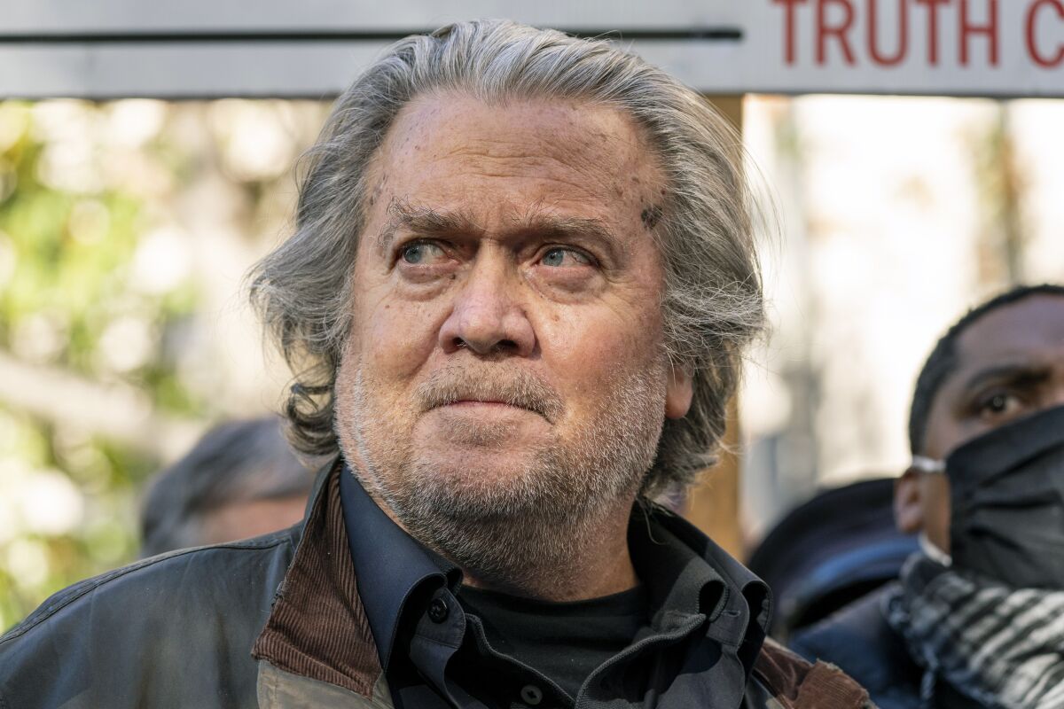 FILE - Former White House strategist Steve Bannon speaks with reporters after departing federal court on Nov. 15, 2021, in Washington. (AP Photo/Alex Brandon, File)
