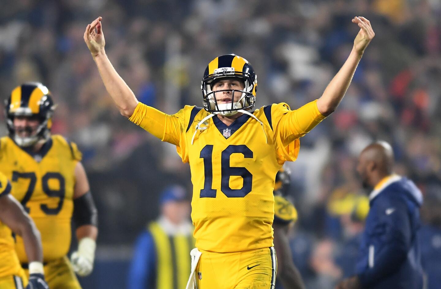 Rams quarterback Jared Goff celebrates at the end of the game Nov. 19 against the Chiefs at the Coliseum.
