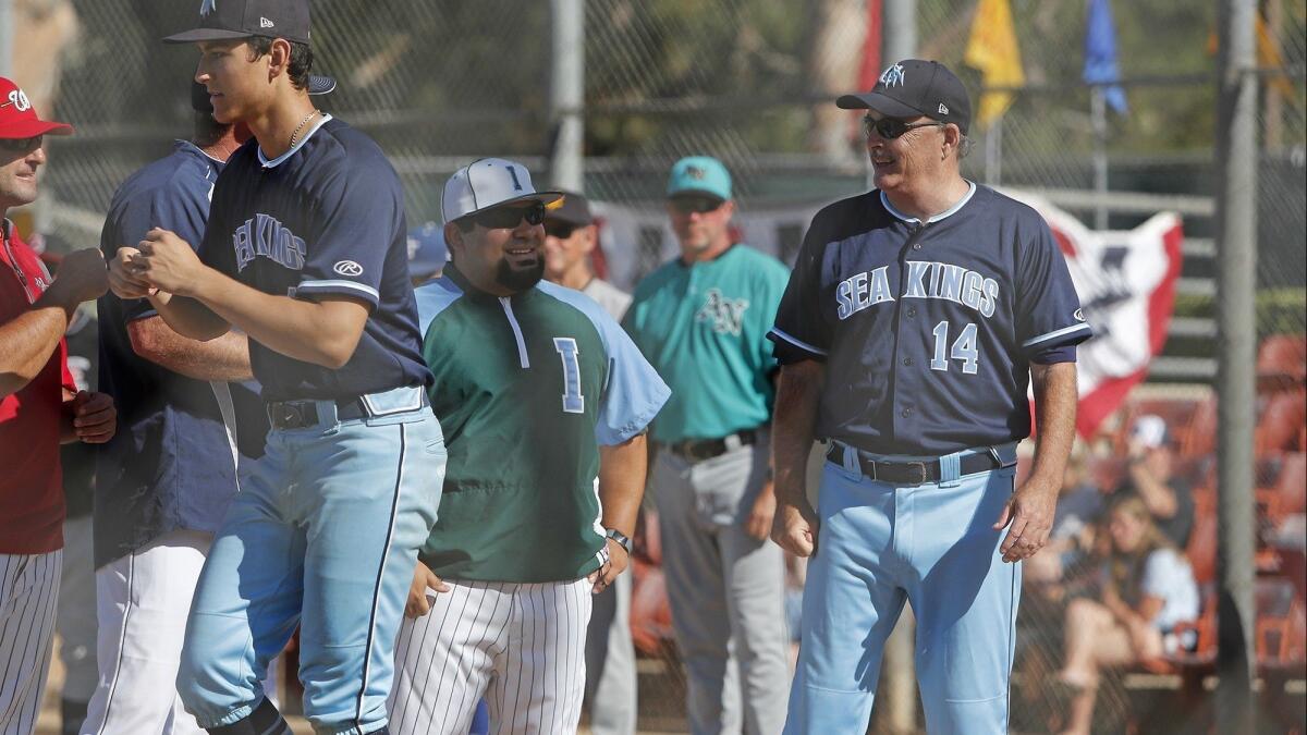 John Emme (14) represents Corona del Mar High one last time during the Ryan Lemmon Senior Showcase at Irvine's Windrow Community Park on June 9. Emme retired after 21 seasons as the Sea Kings' coach.