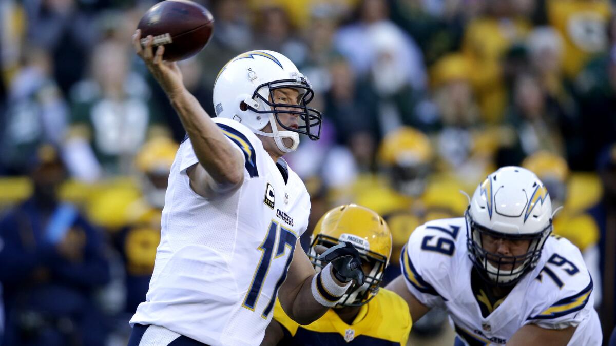 Chargers quarterback Philip Rivers had career highs of 503 yards, 43 completions and 65 attempts Sunday against the Packers in Green Bay.