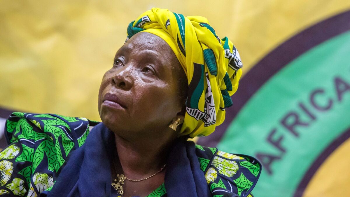 South African presidential contender and former chairwoman of the African Union Commission Nkosazana Dlamini-Zuma at a meeting of the African National Congress Youth League last month. Zuma's critics fear that if elected she would try to shield him from prosecution. (Rajesh Jantilal / AFP/Getty Images)