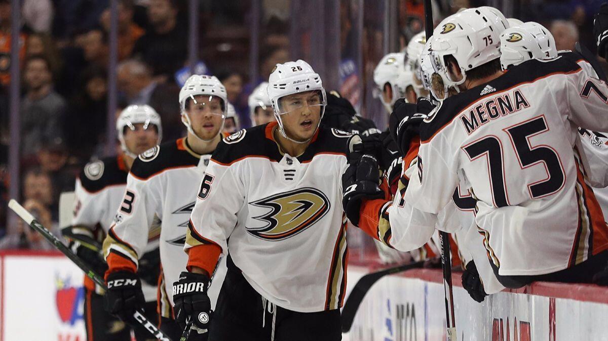 Ducks' Brandon Montour (26) celebrates his goal against the Philadelphia Flyers during the second period on Tuesday.