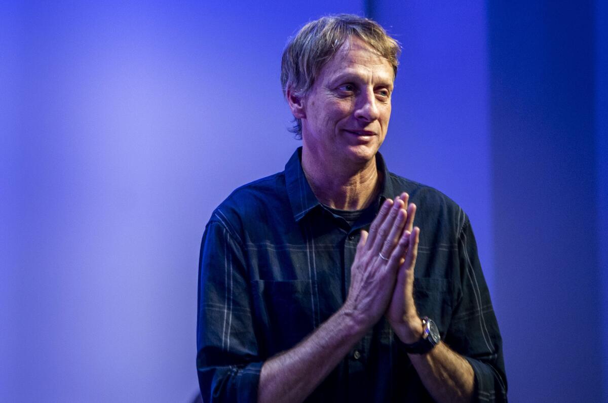 Tony Hawk acknowledges the crowd at the California Hall of Fame ceremony on Dec. 10, 2019, in Sacramento.