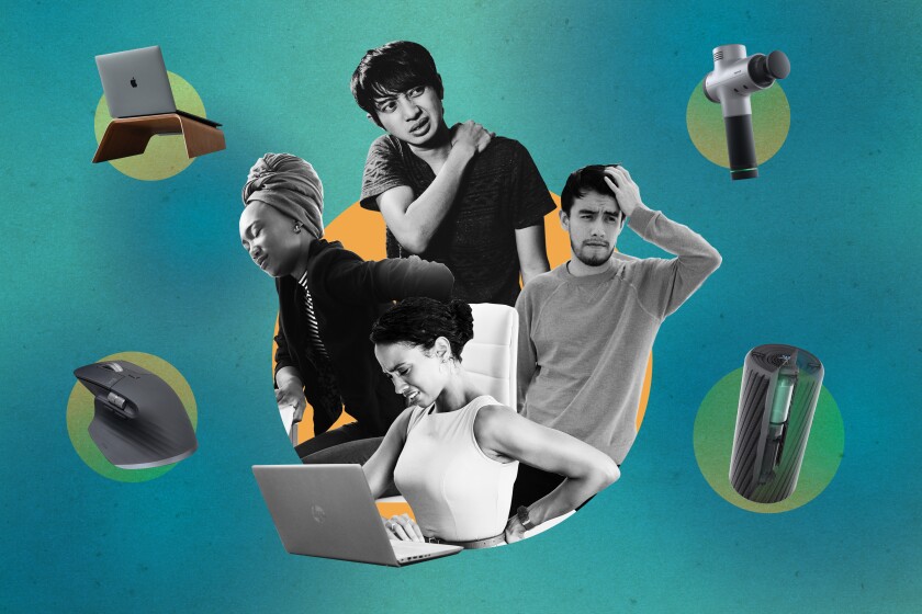 A photo illustration of four people with back, neck or head pain and four ergonomic office products.