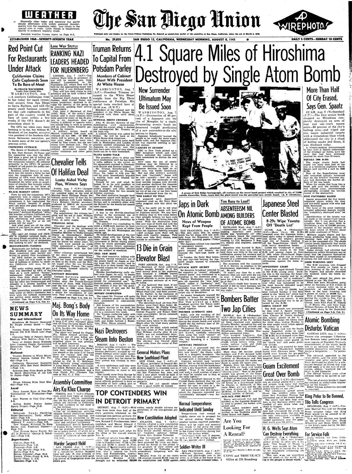 August 8, 1945 Union front page with Hiroshima headline