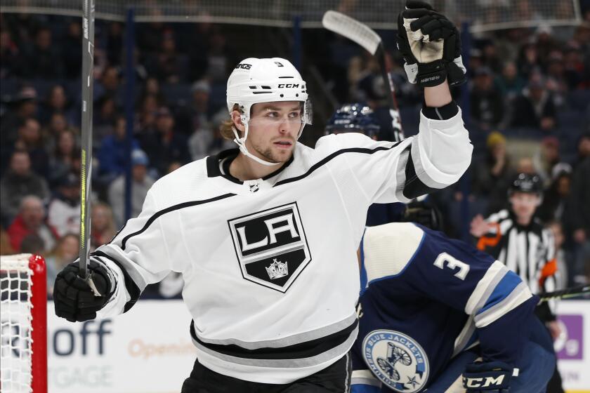 Los Angeles Kings' Adrian Kempe, of Sweden, celebrates his goal against the Columbus Blue Jackets during the first period of an NHL hockey game Thursday, Dec. 19, 2019, in Columbus, Ohio. (AP Photo/Jay LaPrete)