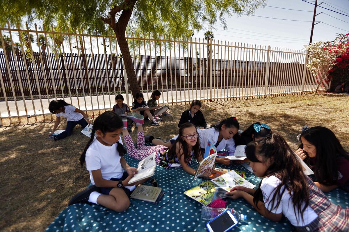 Alumnos de tercer grado leen bajo la sombra de un árbol y contra la cerca escolar, cercana a la valla fronteriza, en Caléxico, California (Genaro Molina / Los Angeles Times).