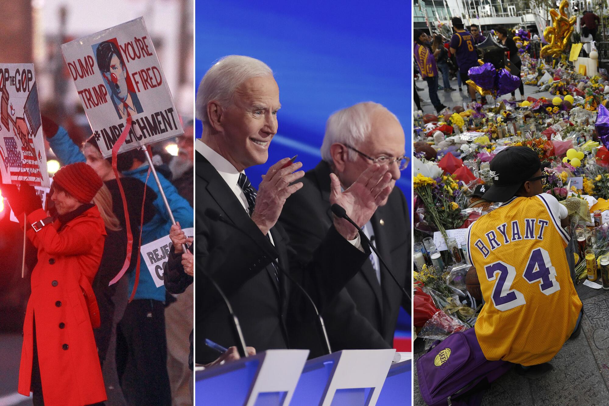 People in San Diego protest the Senate's vote in the impeachment trial of President Trump, former Vice President Joe Biden and Sen. Bernie Senders debate in Des Moines, Iowa, and a makeshift memorial pays tribute to Lakers legend Kobe Bryant at L.A. Live in downtown Los Angeles.