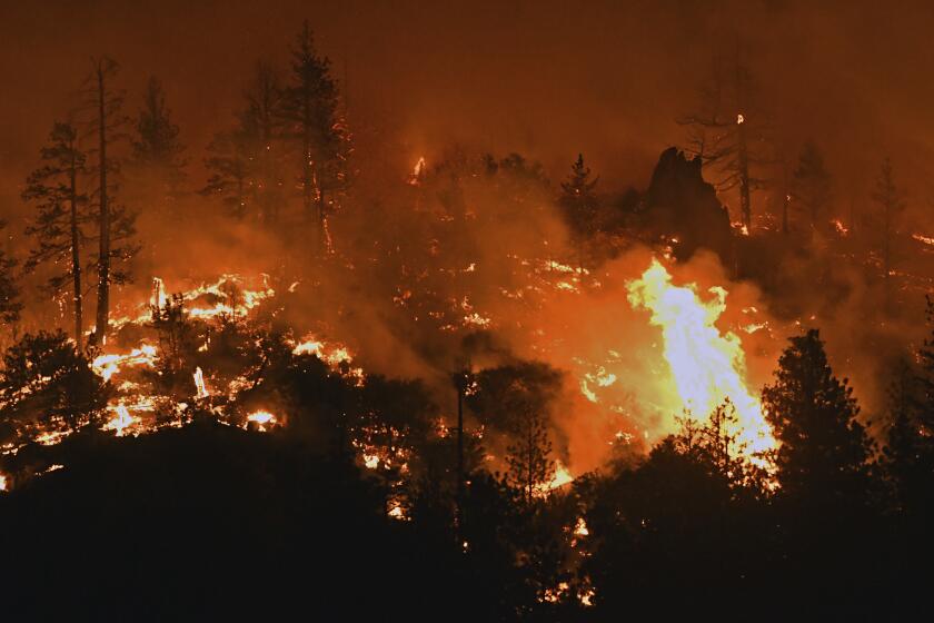 Flames from the Lava Fire burn along a ridge near U.S. Highway 97 and Big Springs Road north of Weed, Calif., on Monday, June 28, 2021. (Scott Stoddard/Grants Pass Daily Courier via AP)