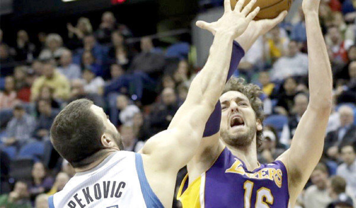 With Dwight Howard out, Pau Gasol took advantage of his opportunity to start against the Minnesota Timberwolves where he racked up 22 points, 12 rebounds and three blocks in the Lakers' 111-100 win.