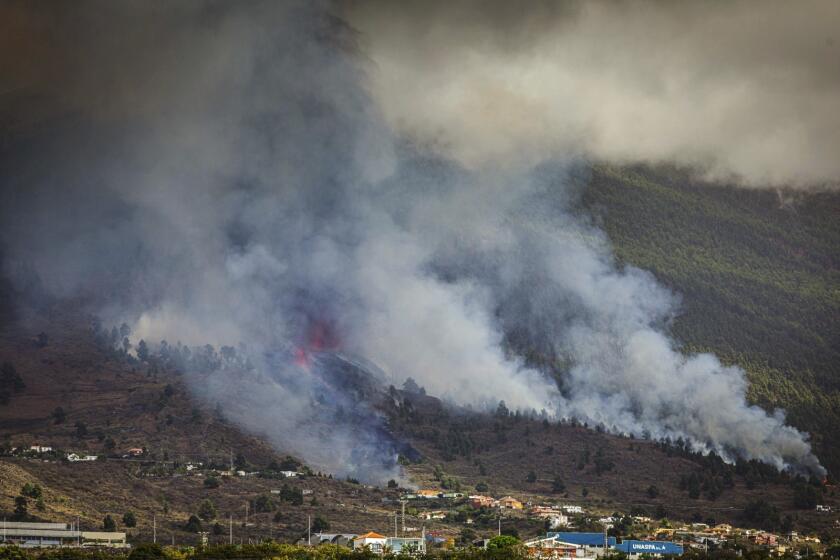 Smoke rises at the Cumbre Viegja volcanic on the island of La Palma in the Canaries, Spain, Sunday, Sept. 19, 2021. A volcano on Spain's island of La Palma eruption Sunday after a weeklong buildup of seismic activity, prompting authorities to start an evacuation plan expected to effect around 1,000 people. (AP Photo/Jonathan Rodriguez)