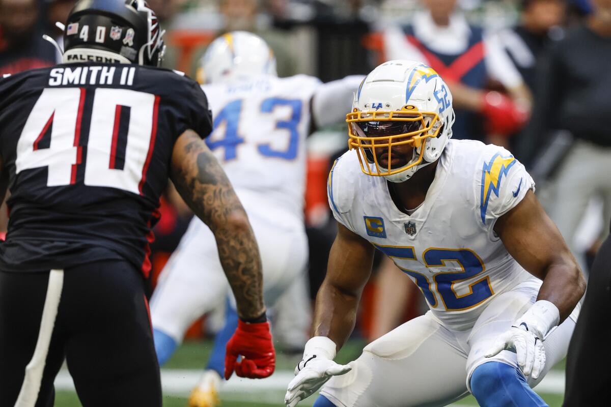 Chargers linebacker Khalil Mack gets ready before a snap against the Atlanta Falcons.